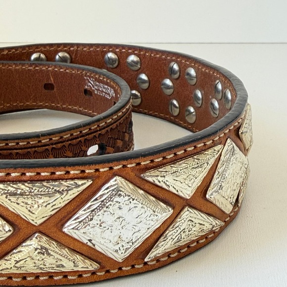 Vintage Nocona Western Belt Womens 30 Brown Tooled Leather Silver Concho Studded main image 5